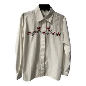 Orvis Shirt Womens 14 Cardinals Button Down Embroidered Blouse Nature Whimsical